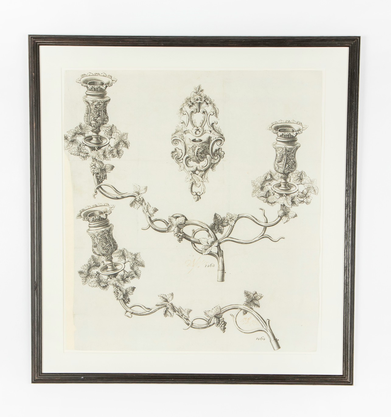Three engravings of candle branch designs, circa 1830