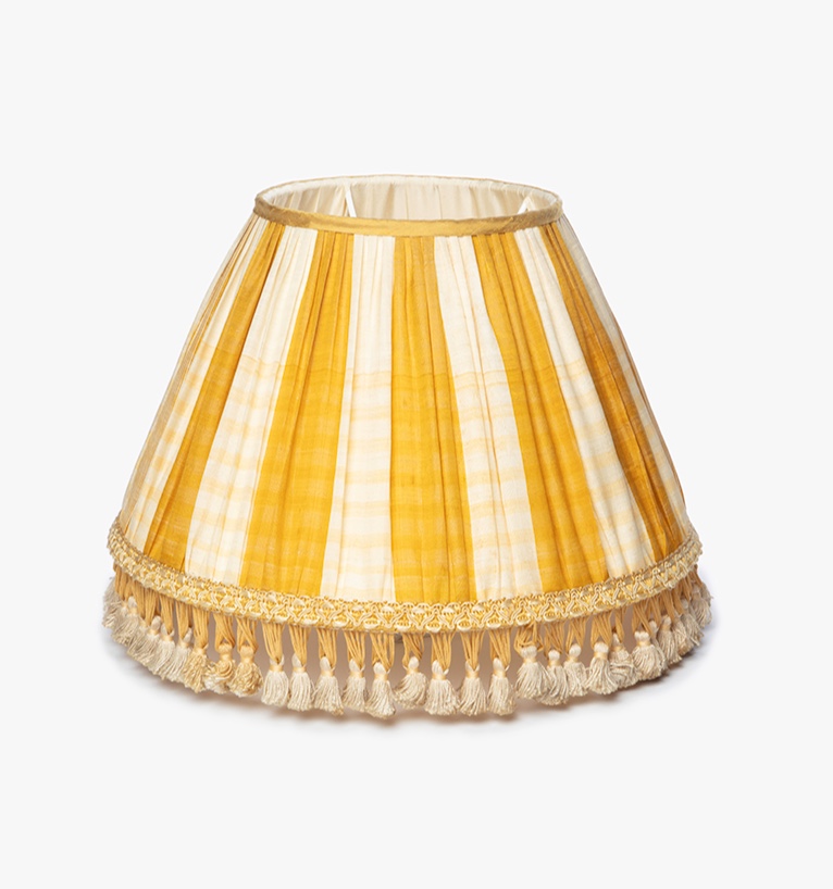 14" Yellow Striped Antique Fabric with gold trim Lampshade Antique