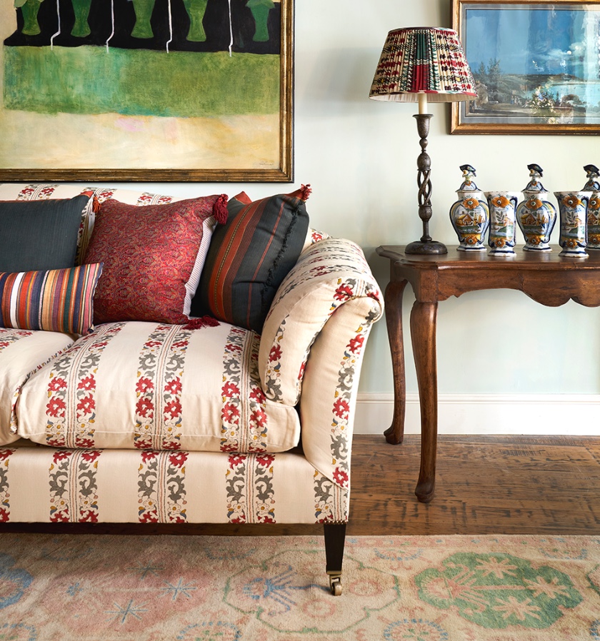 Algiers Border Stripe Grey & Coral Linen Algiers Border Stripe Grey & Coral Linen